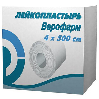 Лейкопластырь рулонный, 4х500 см, ВЕРОФАРМ, тканевая основа, картонная коробка, 20024113